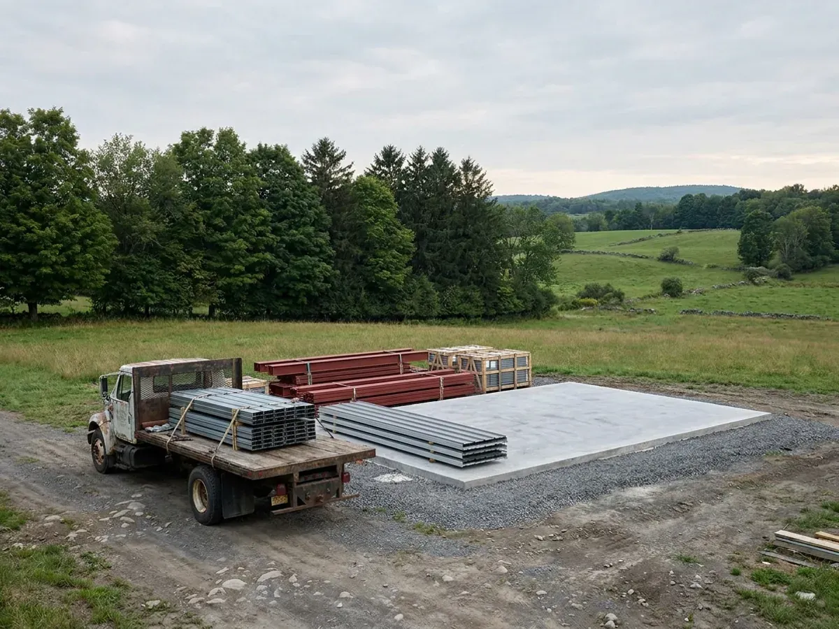 A flatbed truck delivering banded steel frame members and stacked metal roof panels to a building site beside a finished concrete slab.
