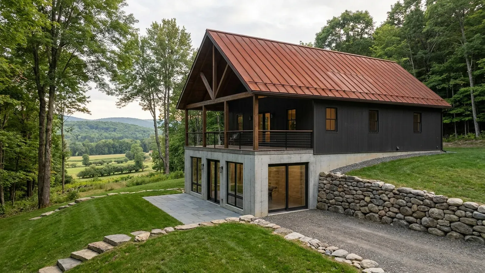 A barndominium with a walkout basement built into a sloping lot, the lower level opening onto a patio at grade.