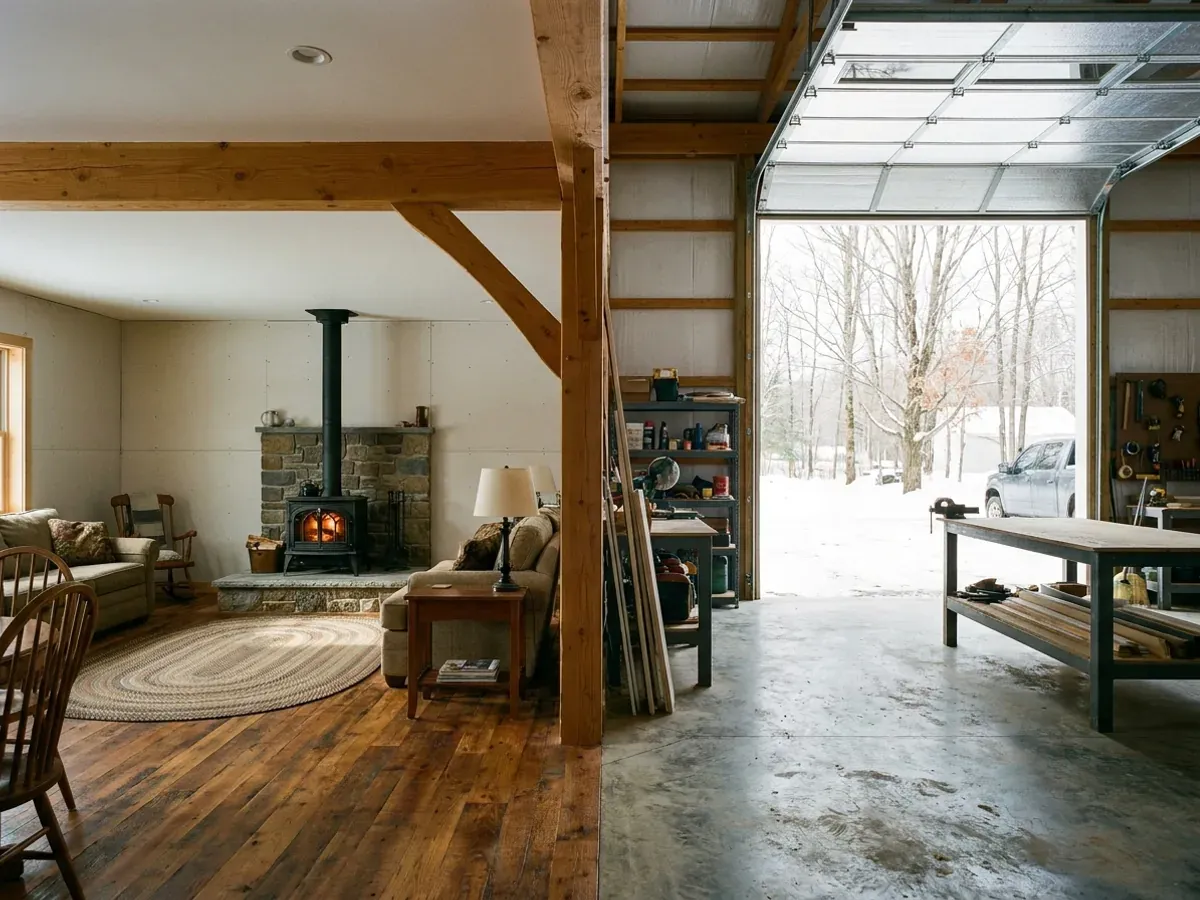 The interior of a shouse where a finished living area with warm flooring meets a shop bay with polished concrete and a tall roll-up door.
