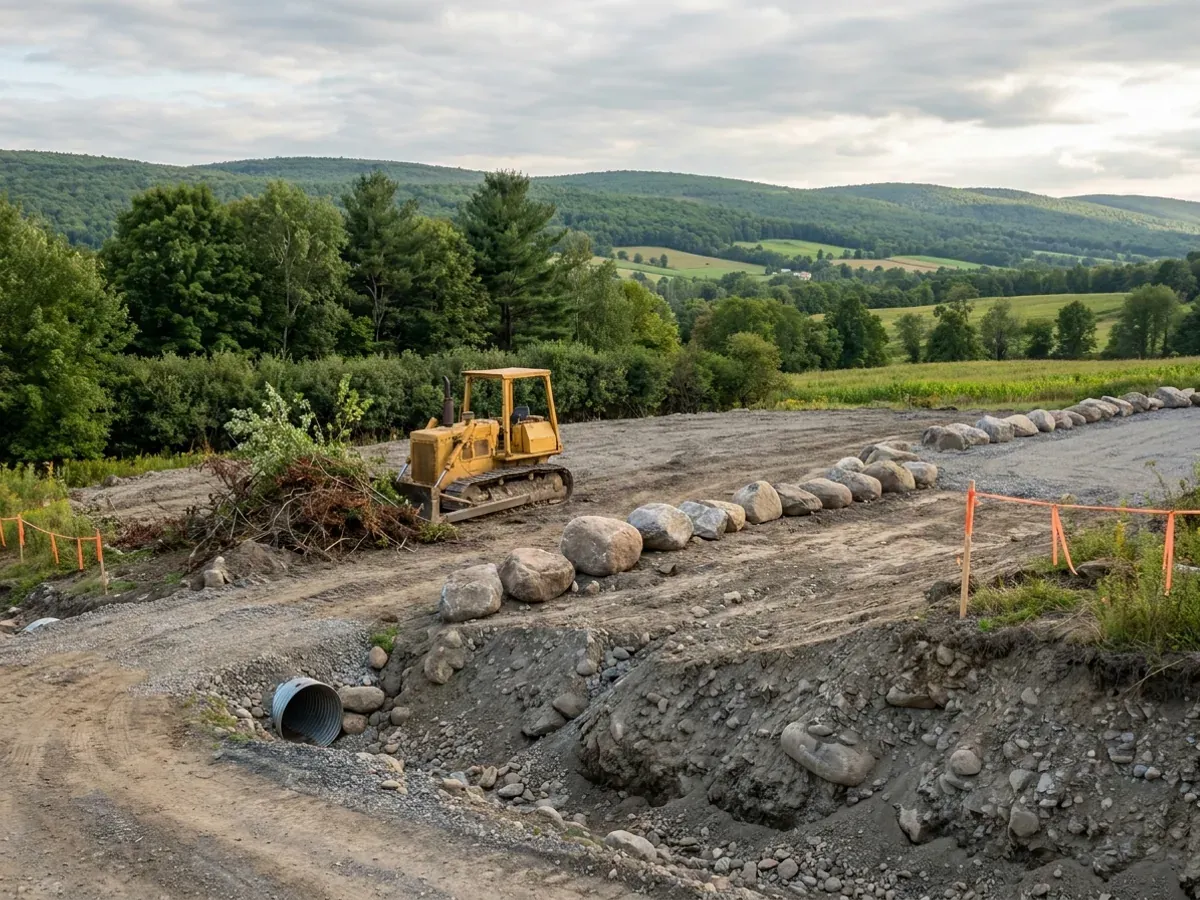 A dozer clearing brush on a rural parcel beside a compacted crushed-stone building pad, with glacial boulders set aside and a culvert at the driveway entrance.