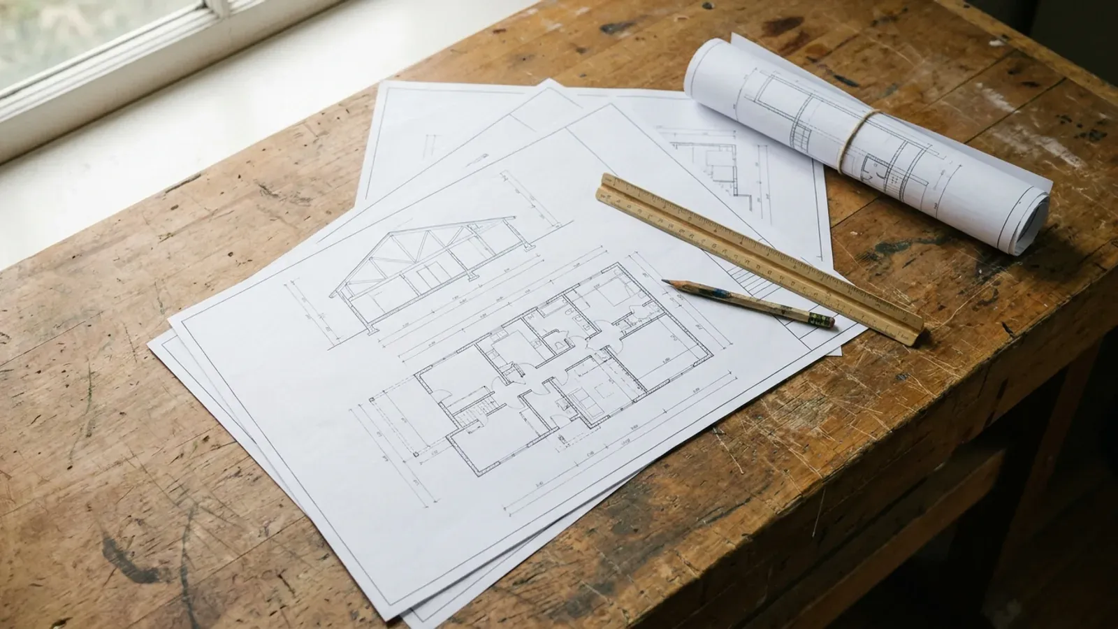 Overhead view of architectural floor plan and structural elevation drawings spread on a workbench with a scale ruler and pencil.